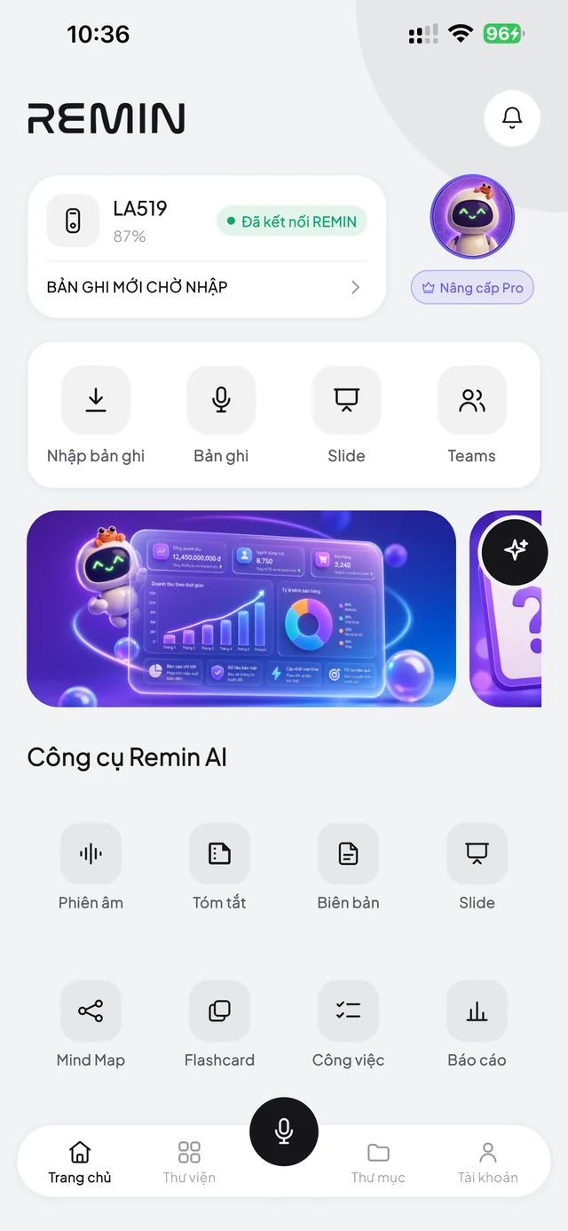 Màn hình chính của ứng dụng Remin