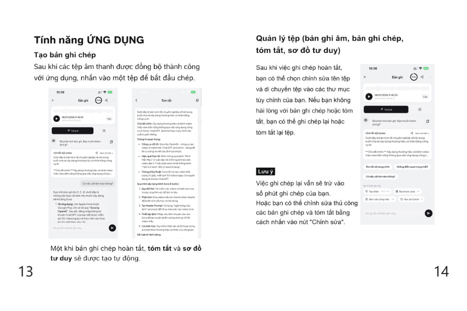 Hai trang hướng dẫn tính năng ứng dụng: tạo bản ghi chép và quản lý tệp