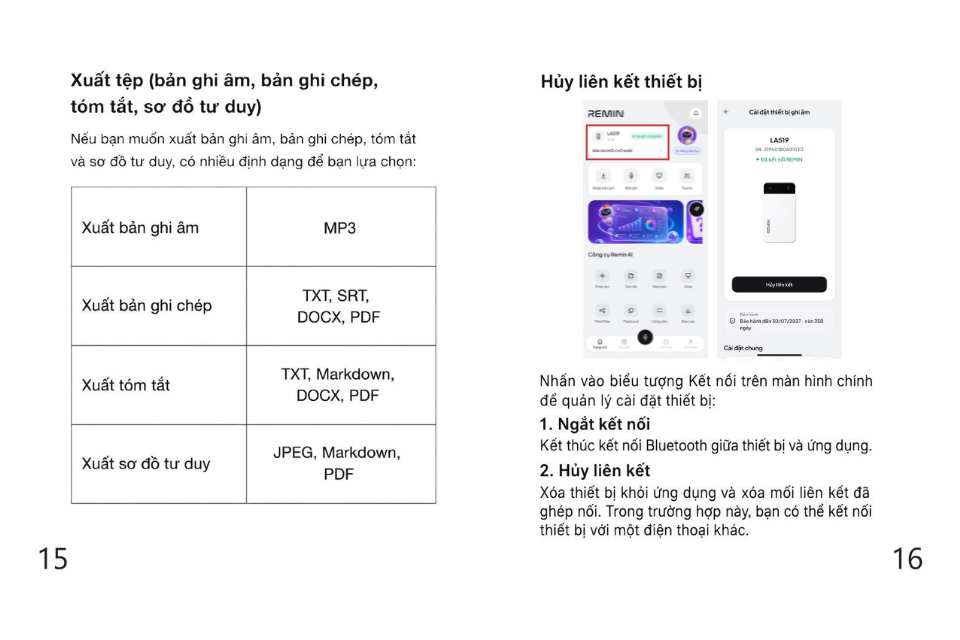 Bảng định dạng xuất tệp và hướng dẫn huỷ liên kết thiết bị