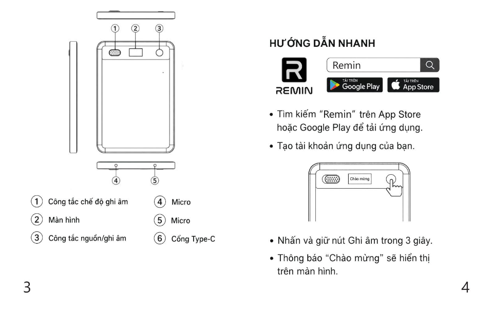 Sơ đồ cấu tạo máy ghi âm Remin Note với 6 vị trí đánh số