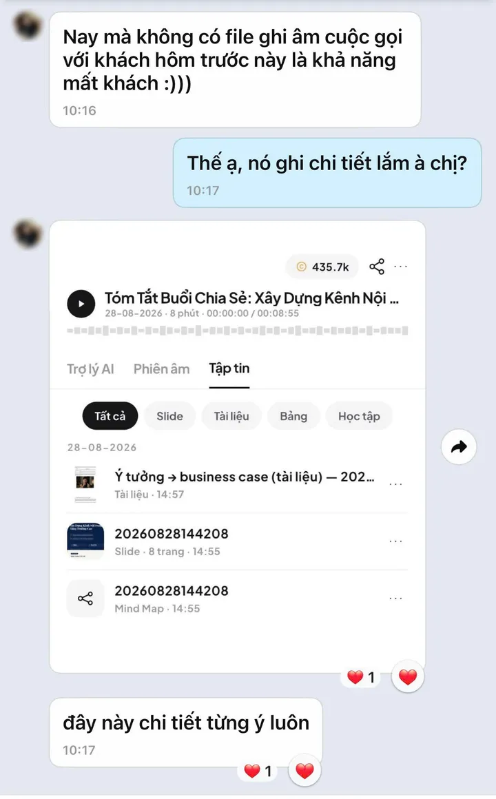 Customer message on Zalo about Remin call recordings