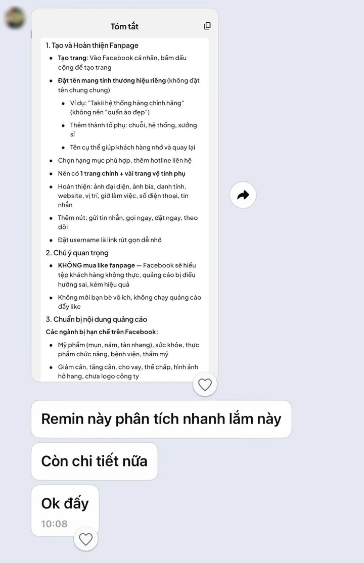 Customer message on Zalo about a Remin summary