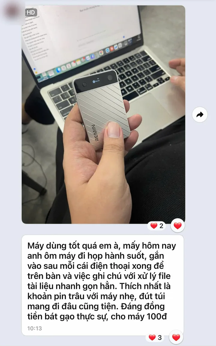 Customer message on Zalo about the Remin recorder