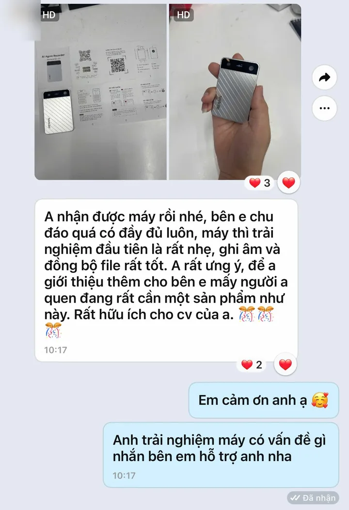 Customer message on Zalo after receiving the Remin recorder