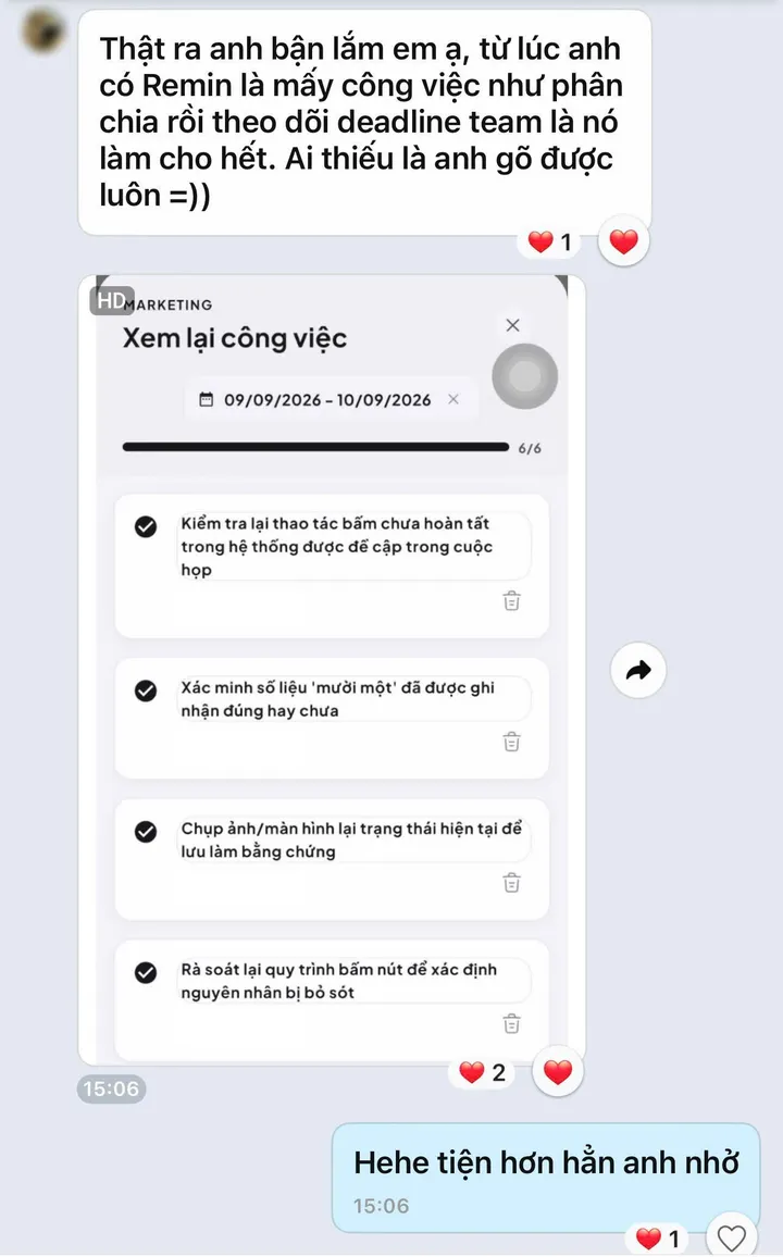 Customer message on Zalo about Remin task tracking