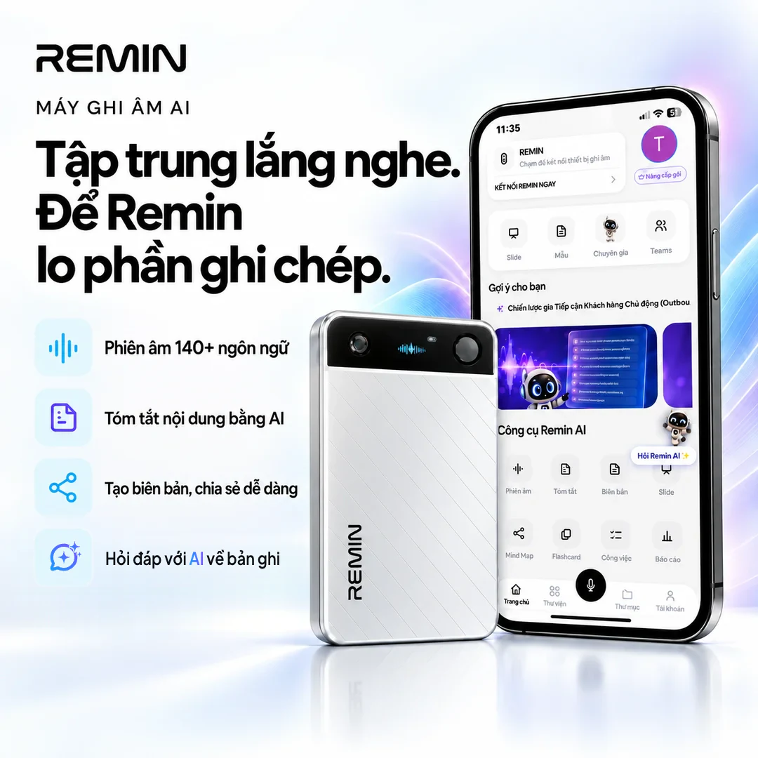 Máy ghi âm AI Remin và ứng dụng Remin AI trên điện thoại