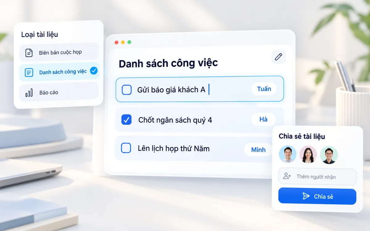 Chọn loại tài liệu, chỉnh danh sách công việc và chia sẻ cho người liên quan trong Remin AI