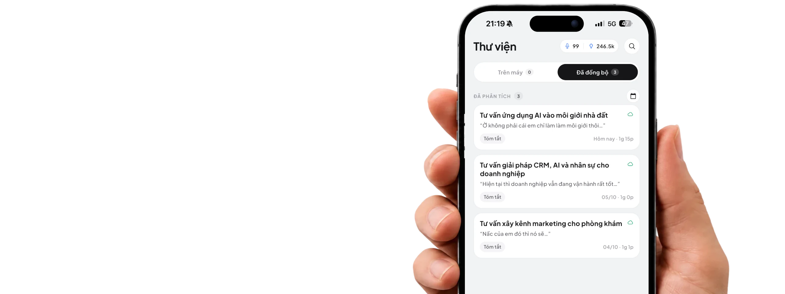 Thư viện bản ghi, bản chép lời và tóm tắt trong ứng dụng Remin